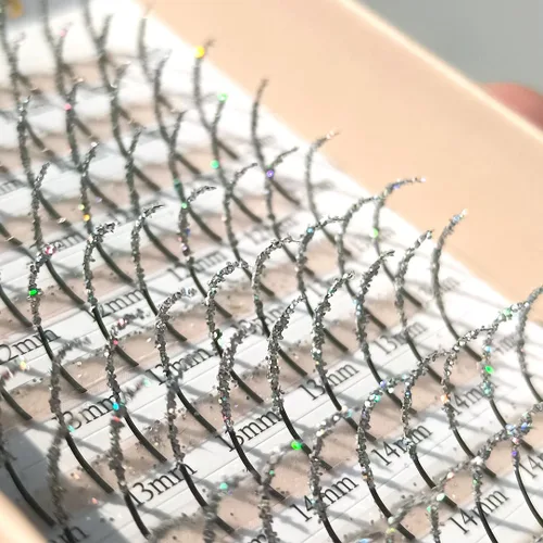 Vista 12 de Extensiones de pestañas con purpurina en racimo de pestañas de color láser, suministros profesionales (3 colores B)