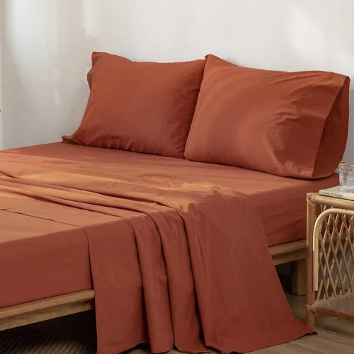 Vista 3 de MooMee Juego de sábanas 100% algodón lavado con textura parecida al lino transpirable duradero suave cómodo (marrón óxido, King)