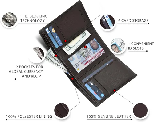 Vista 6 de Carteras de cuero de plegado tríptico para hombres con interferencia de radiofrecuencia RFID bolsillo frontal y 9 ranuras para tarjetas de crédito
