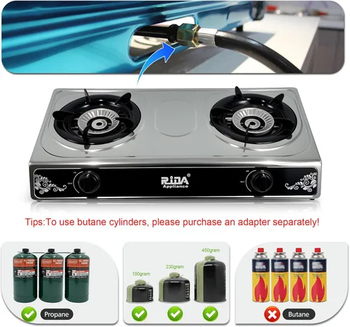 Vista 6 de Estufa de gas propano de 2 quemadores, estufa de camping portátil de acero inoxidable con encendido automático, quemadores de propano para cocinar