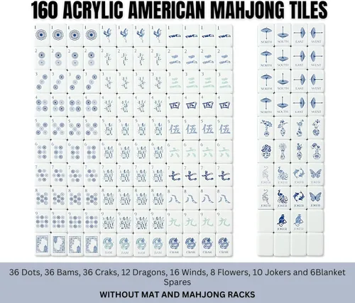 Vista 5 de Juego de azulejos Mahjong acrílicos grabados de 4 capas, 160 piezas con azul (04-Chinoiserie-Blue)