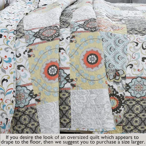 Vista 6 de Cozy Line Home Fashions Moorea - Juego de ropa de cama reversible de microfibra con retazos, gris, amarillo, coral, azul aguamarina, colcha