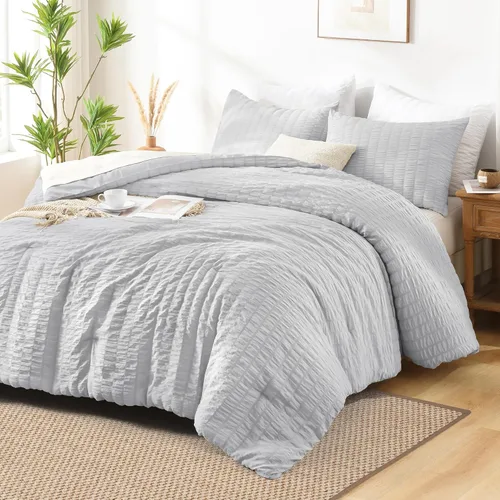 Vista 9 de AveLom Juego de edredón de seersucker beige tamaño individual (68 x 90 pulgadas), 2 piezas - 100% microfibra lavada suave, edredón liviano con 2