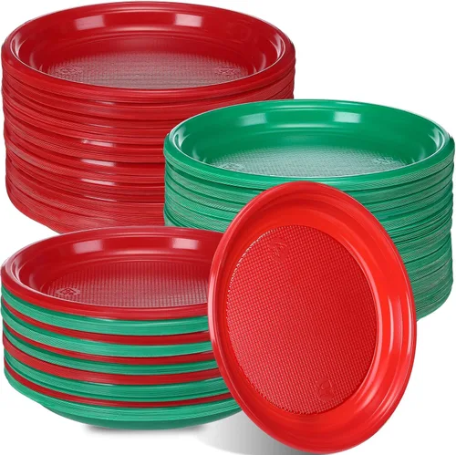 Vista 7 de Ziliny 300 platos de plástico rojo verde navideño, 7 pulgadas