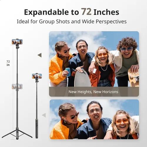 Vista 3 de Sensyne Trípode extensible de 72" para iPhone y Selfie Stick con soporte de teléfono desmontable y control remoto inalámbrico, compatible con todos