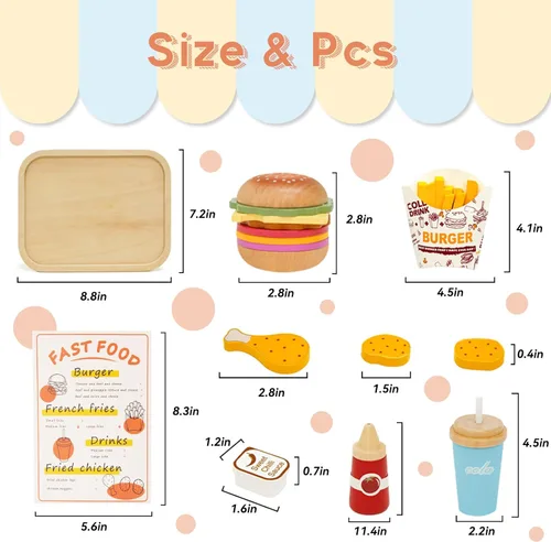 Vista 4 de Juego de comida de juego de simulación para niños, juego de comida rápida de madera con bandeja de hamburguesas, cola, papas fritas, accesorios