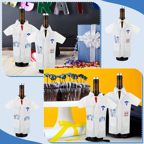 Vista 5 de Amyhill Paquete de 24 bolsas de vino de abrigo blanco a granel para botella de vino de médico con cápsulas de jeringa, collar, abrigo blanco, regalo