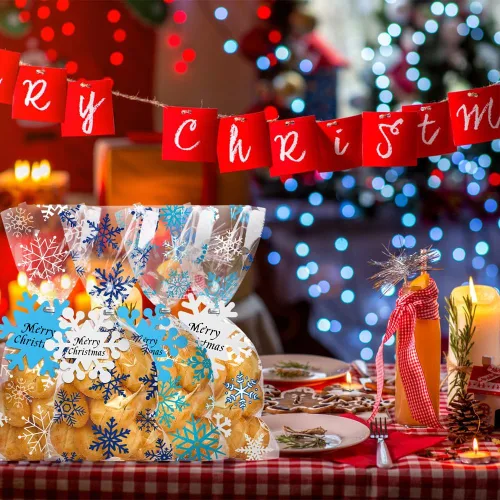 Vista 6 de Vellibring 120 piezas bolsas de celofán de Navidad, bolsas de copos de nieve de invierno, bolsas de plástico transparente para dulces y galletas