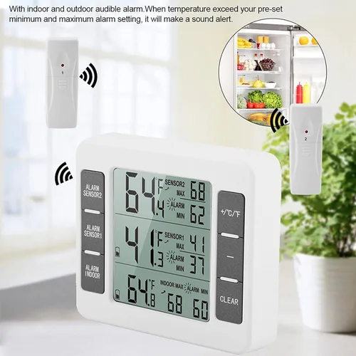 Vista 3 de Termómetro digital para refrigerador, paquete de 2 unidades, alarma LCD inalámbrica, termómetro para nevera, congelador, termómetro para el hogar