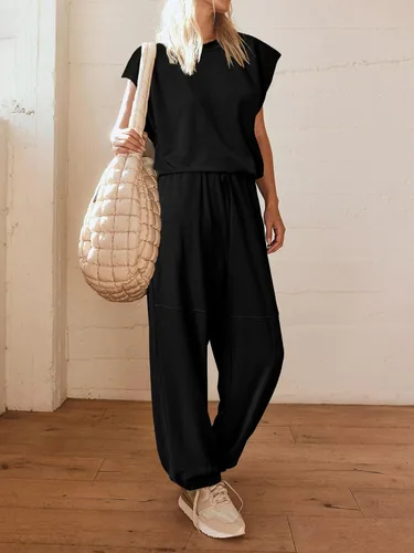 Vista 2 de Glamaker Conjunto deportivo de 2 piezas para mujer, sin mangas, cuello redondo, ajuste holgado, pantalones de cintura alta