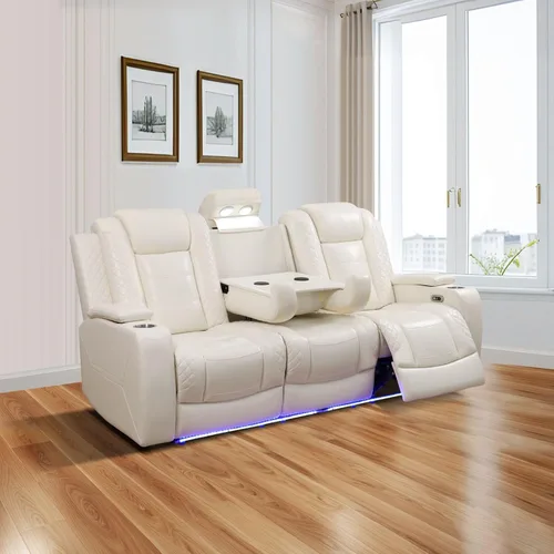 Vista 4 de Juego de sofá reclinable eléctrico con LED, juego de sofá reclinable de cuero, juego de muebles de sala con carga USB