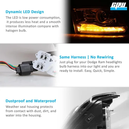 Vista 5 de CPW Faros delanteros aptos para Dodge Ram 1500 2500 3500 2013-2018 con luz de posición LED de fábrica, conjunto de lámparas de cabeza de proyector