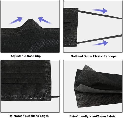 Vista 4 de akgk 200 máscaras faciales desechables, máscara negra, mascarillas desechables de 3 capas