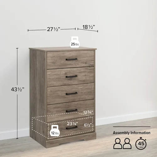 Vista 89 de Prepac Cómoda rústica estilo casa de campo, cómoda negra para dormitorio, cómoda con 5 cajones de 18.5 pulgadas de profundidad x 27.5 pulgadas