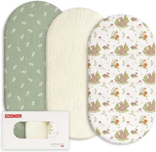 Vista 18 de Gllquen Baby Sábanas de Muselina para Moisés Paquete de 3, Sábanas Ajustadas de Algodón Transpirables Elásticas y Acogedoras para Colchón de Moisés
