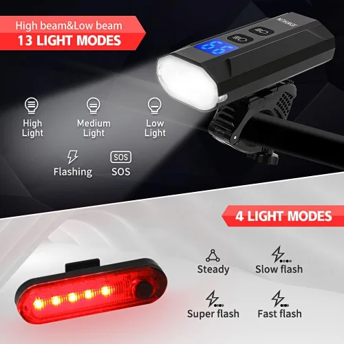 Vista 2 de Juego de faros y luces traseras recargables para bicicleta con pantalla LCD, luz LED brillante de 1200 lm con 13+5 modos, luces delanteras