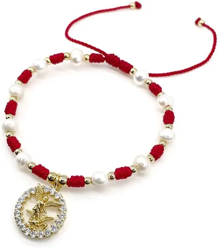 Vista 5 de Medalla colgante de arcángel de San Miguel en cordón ajustable de marfil y perlas de agua dulce pulsera ajustable
