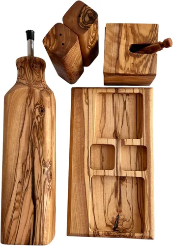 Vista 4 de Juego de botellas de aceite de madera de olivo orgánico y salero y pimentero: elegancia rústica para tu cocina
