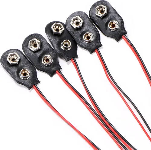 Conector de clip de batería de 9 V, conexión de cable de 9 voltios de largo, carcasa blanda tipo I, negro, paquete de 5