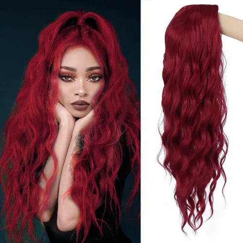 Vista 9 de Peluca larga y ondulada verde para mujer, parte media, disfraz de cosplay, peluca de repuesto de cabello sintético