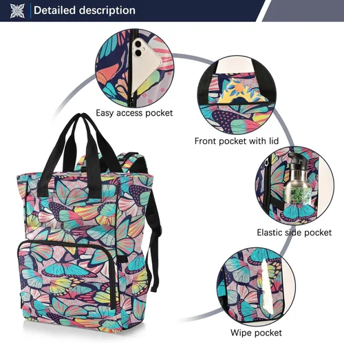 Vista 2 de Mochila para pañales con estampado de mariposas, bolsa de viaje de nailon con múltiples bolsillos para bebés con soportes para botellas, 11 x 15.3 x