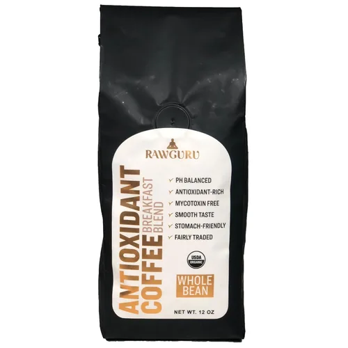 RawGuru Mezcla de desayuno de café antioxidante orgánico, sin gluten, comercio justo, cultivado en sombra y certificado Rainforest Alliance, grano