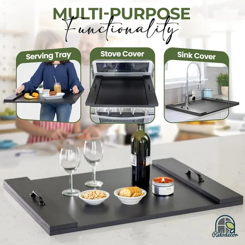 Vista 3 de Cubierta para estufa de tabla de fideos con asas, cubierta superior de estufa eléctrica y de gas de madera rústica, decoración de cocina de granja