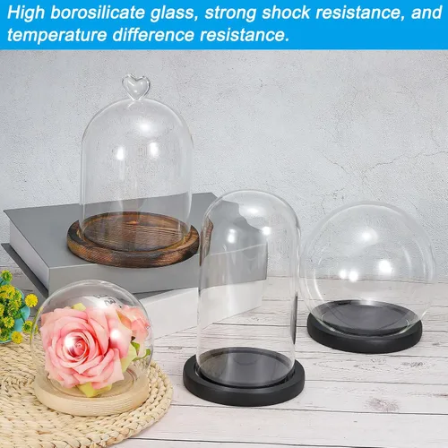 Vista 4 de PATIKIL Cúpula de cristal transparente Cloche de 4 pulgadas, vitrina de cristal con forma de globo, centro de mesa con base de madera natural
