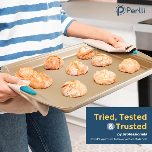 Vista 7 de Kit de horneado Perlli: juego de horno de acero dorado antiadherente - 6 piezas, bandeja redonda para pastel, bandeja para pan, bandeja cuadrada