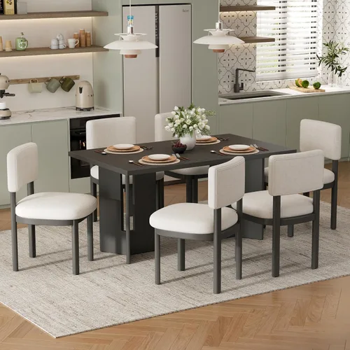 Vista 44 de Juego de mesa de comedor rústica de 6 piezas con mesa rectangular de caballete y 4 sillas tapizadas y banco, juego de mesa de comedor de cocina