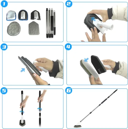Vista 2 de Cepillo de limpieza de piso, limpiador de azulejos 5 en 1 con mango largo ajustable de 56 pulgadas y 5 cabezales de limpieza antiarañazos para baño