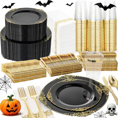 Nervure 350 platos de plástico negro, juego de vajilla de plástico para 50 Negro y dorado