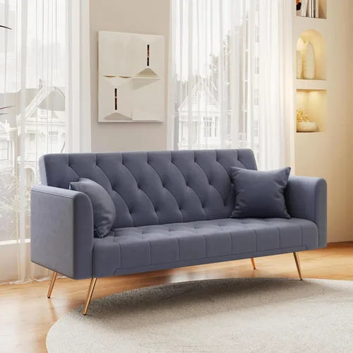 Vista 3 de Sofá cama moderno de terciopelo de 72 pulgadas, sofá cama plegable convertible con 3 respaldos ajustables, sofá biplaza reclinable copetudo