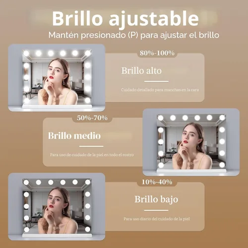 Vista 3 de Espejo de tocador con luces, espejo de maquillaje iluminado con bombillas LED regulables, 3 modos de iluminación de color, puerto de carga USB