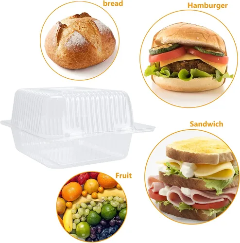 Vista 4 de Recipientes de alimentos cuadrados transparentes con bisagras, 50 recipientes para rebanadas de pastel, bandeja desechable para llevar, 5.3 x 4.7 x