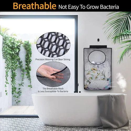 Vista 5 de Cesta de lavandería de malla transpirable, ganchos plegables para colgar en la ducha, bolsa de almacenamiento portátil de secado rápido