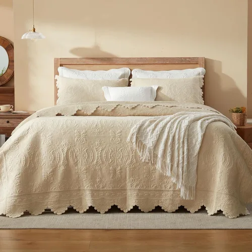 Vista 11 de MarCielo Juego de ropa de cama de 3 piezas, 100 % algodón, juego de colcha de gran tamaño, ligero y bordado, estilo rústico