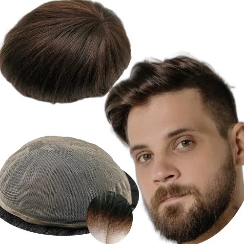 Vista 7 de Toupee para hombres - Sistema de reemplazo de cabello humano real - Postizo de encaje francés fino - Unidades de cabello personalizables - Piezas