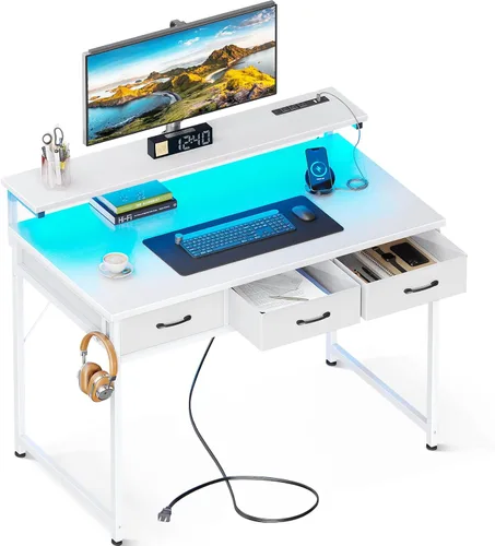 Vista 16 de ODK Escritorio pequeño para computadora de 40 pulgadas con 3 cajones y tomas de corriente USB, escritorios de oficina en casa con luces LED