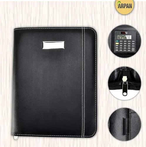 Vista 3 de Arpan Carpeta de conferencia con cremallera A5 de cuero negro con calculadora y almohadilla/cartera ejecutiva