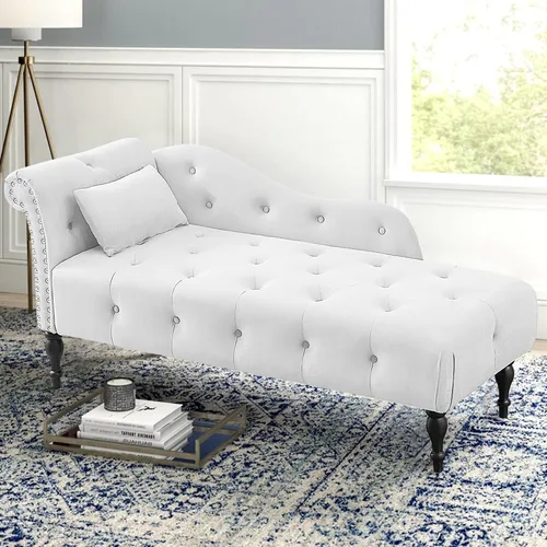 Holaki Tumbona de terciopelo, tumbona decorativa para interiores con almohada, sillón con botón copetudo con brazo derecho con ribete de cabeza de