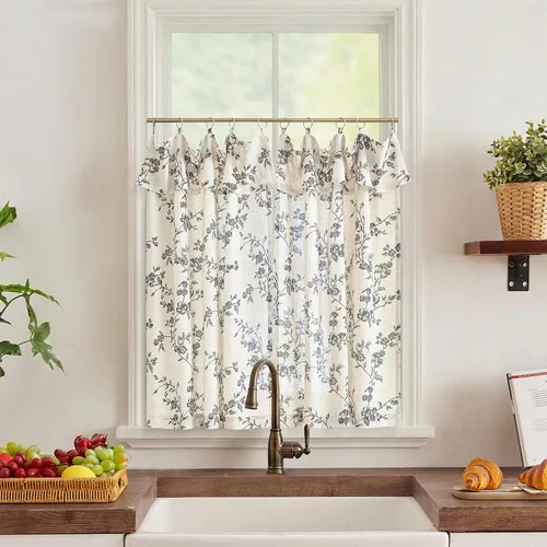 Vista 56 de JINCHAN Cortinas florales de cocina de 24 pulgadas, cortinas de lino de varios niveles, cortinas de granja de estilo cafetería, cortinas para media