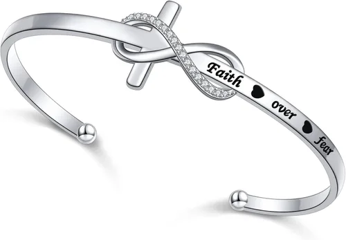 Pulsera de plata de ley 925 grabada con texto en inglés "Faith Over Fear", corazón infinito, cruz, versículo bíblico, regalo religioso para mujeres,