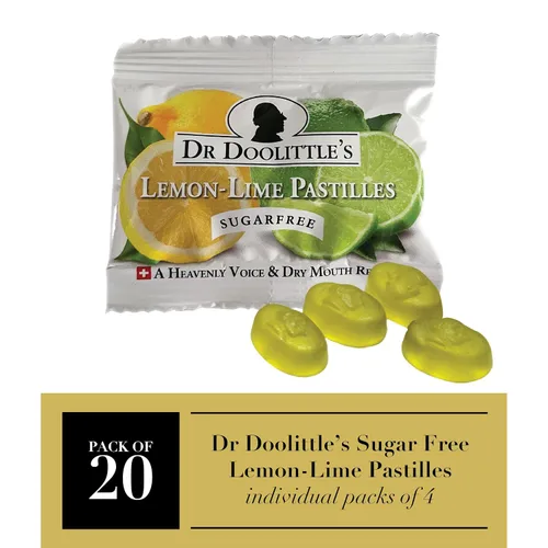 Vista 2 de Dr. Doolittle's Pastillas de frutas suaves sin azúcar para voz y garganta, sabor a limón y lima, bolsa de tamaño de viaje, paquete
