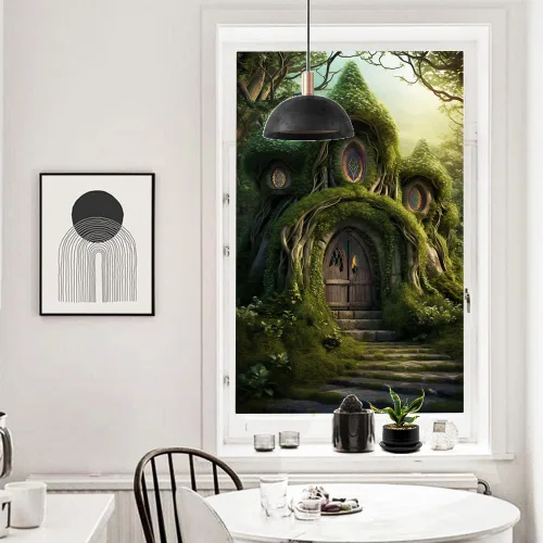 Vista 12 de Película de privacidad rústica para ventana, diseño retro de árbol de casa, vitral, bloqueo solar, control de calor, película decorativa para cubrir