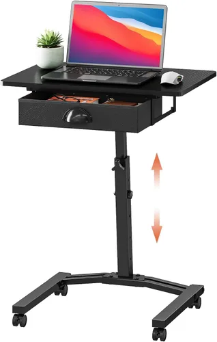 Escritorio de computadora de altura ajustable con cajones, pequeño carrito de escritorio móvil para laptop con ruedas para espacios pequeños