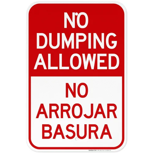Vista 19 de Letrero bilingüe de No Dumping Allowed No Arrojar Basura, 10 x 7 pulgadas, aluminio 040 libre de óxido, resistente a la decoloración