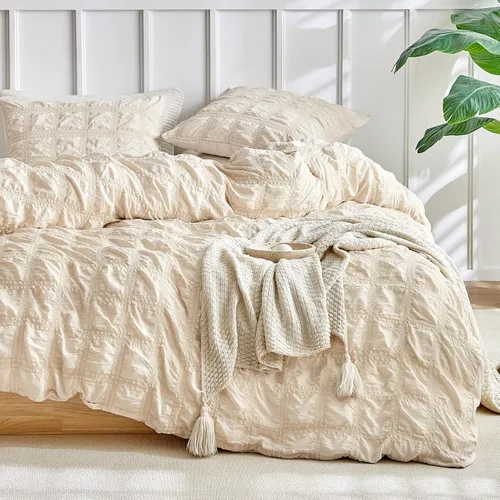 Vista 11 de WARMDERN - Juego de funda de edredón tamaño Queen, juego de ropa de cama de 3 piezas de microfibra lavada color beige, funda de edredón con textura