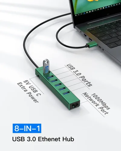 Vista 4 de Hub USB 3.0 de 7 puertos, USB a concentrador de red con cable de 3.9 pies de largo para laptop, divisor USB con puerto Gigabit Ethernet y puerto