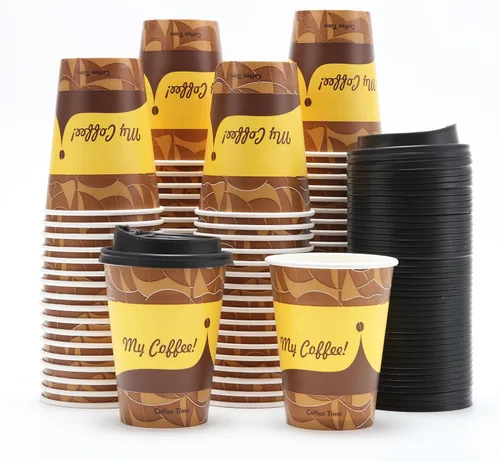 Tamone Paquete de 100 tazas de café desechables de 12 onzas con tapas, tazas de café de papel con tapas, vasos de papel para beber frío/caliente